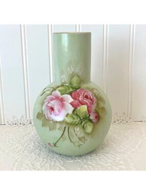 Hand Painted Lefton China Vase With Pink Roses Green Background Gold Trim 7" Vtg